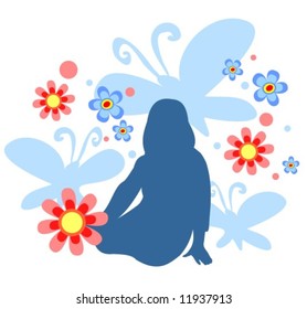 Dark silhouette of the laying girl and butterflies on a white background.