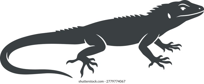 A dark silhouette of a lizard with prominent spikes along its back and a long, curved tail. The creature has sharp claws on its feet.