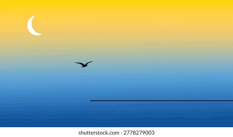 A dark silhouette of a lone bird soaring in flight against a smooth gradient background with a crescent moon