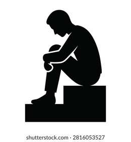 A dark silhouette of a lonely man sitting on a step, head bowed in sadness. This powerful image represents depression, mental health struggles, grief, and solitude.