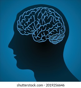 Silueta oscura de la cabeza del hombre con tarjeta de circuito eléctrico y cerebral