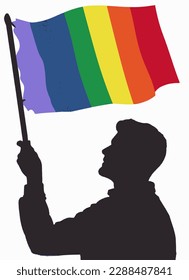 Dark silhouette of a man holding a flag in rainbow colors isolated in a white background.