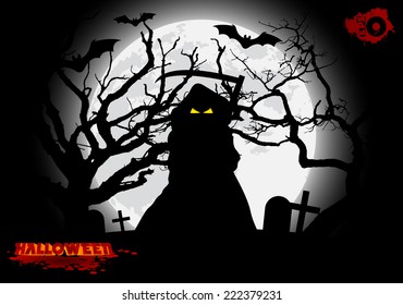 Dark silhouette of a man on background of the moon and the inscription halloween