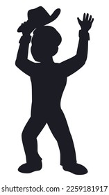 Dark silhouette of man with raised hands and holding him hat, isolated over white background.