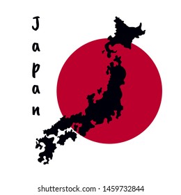 Dark Silhouette Map of Japan Islands on Red Circle with Inscription. Japanese Policy Concept. Vector Illustration