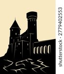 Dark silhouette of a medieval castle with a bridge on a hill on a beige background. Flat style vector illustration for vintage-style illustrations.