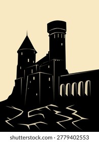 Dark silhouette of a medieval castle with a bridge on a hill on a beige background. Flat style vector illustration for vintage-style illustrations.