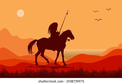 Dark silhouette of  medieval knight on horseback, against the sky