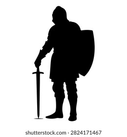 A dark silhouette of a medieval warrior holding a sword and shield, emphasizing strength and historical armor design against a plain background.