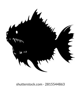 A dark silhouette of a menacing deep-sea fish with spiky fins and sharp teeth, set against a plain white background, emphasizing its aggressive appearance.