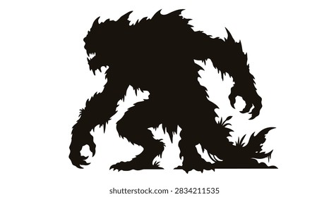 A dark silhouette of a monstrous creature with sharp teeth and claws.