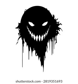 Dark silhouette of a monstrous face with glowing eyes and sharp teeth, featuring a dripping, tattered appearance for a horror or fantasy theme.