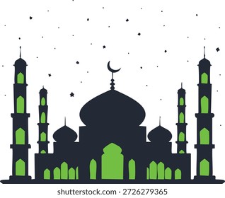 Una silueta oscura de una mezquita con una cúpula central y múltiples minaretes, iluminados con luz verde desde dentro.