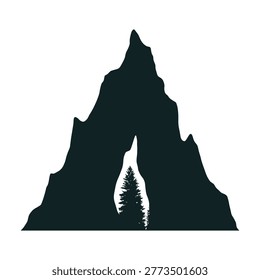 Dark silhouette of mountain arch with pine trees inside. Represents nature, wilderness, and sanctuary.