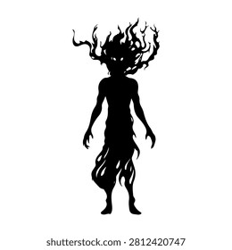 A dark silhouette of a mythical creature with fiery hair, elongated limbs, and an eerie presence, set against a plain white background.