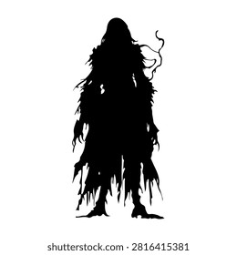Dark silhouette of a mythical creature with flowing tattered cloak, mysterious and eerie, set against a plain white background.