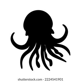 Dark silhouette of octopus. Representative of underwater world, biology, nature and fauna. Graphic element for website, poster or banner. Education and learning. Cartoon flat vector illustration