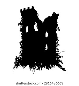 Dark silhouette of an old castle tower surrounded by wild plants and vines, evoking a mysterious and eerie atmosphere.