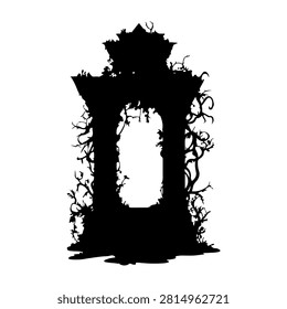 Dark silhouette of an old door surrounded by twisted vines and eerie shadows, evoking a spooky, mysterious atmosphere perfect for horror themes.