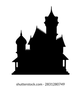 A dark silhouette of an old haunted castle featuring multiple spires and towers against a plain white background.
