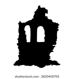 Dark silhouette of an old ruined tower with arched windows, creating a mysterious and eerie atmosphere against a plain background.