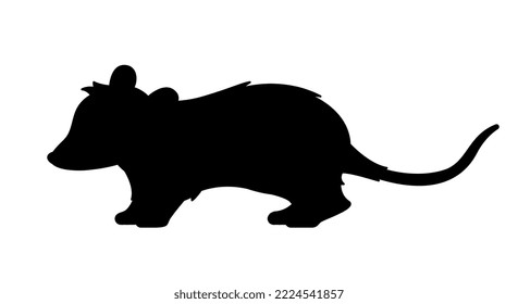 Dark silhouette of opossum. Shadow of wild animal, nature and biology. Graphic element for printing on fabric. Creativity and art. Aesthetics and elegance, beauty. Cartoon flat vector illustration