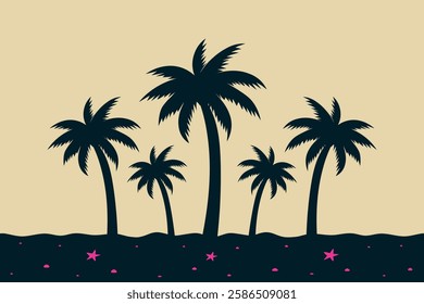 Dark silhouette of palm trees. Five palm trees on beige background. Minimalistic modern template for design of advertising brochures, banners of travel agencies. Vector illustration.