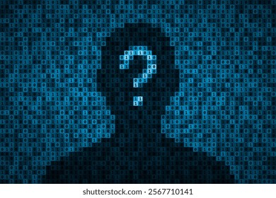 Dark silhouette of person and question mark over binary code background in blue colors. Concept of artificial intelligence, computer hacker and cybercrime, personal data security and cybersecurity