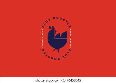 Dark silhouette of rooster on red background. Poultry logo template. Image can be used for packaging design, restaurant menus, market design, butcher shops and chicken farm. Vector illustration.