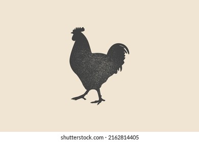 Dark silhouette of rooster with stamp effect on light background. Vintage emblem for meat products and farms. Can be used for butcher shop, market, menu design, packaging, labels. Vector illustration.