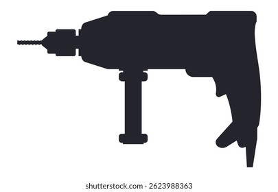 Dark silhouette of a rotary hammer drill featuring a drill bit, isolated against a white background, perfect for illustrating construction and renovation projects