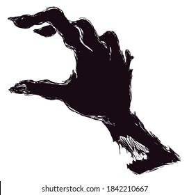 Dark silhouette of rotten zombie  hand trying to catch a prey in hand drawn style, over white background.