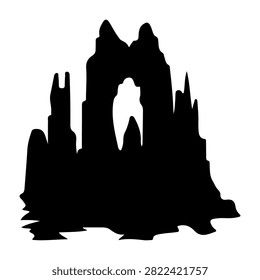 Dark silhouette of a rugged mountain rock formation featuring a natural arch against a plain background.
