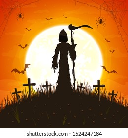 Dark silhouette with scythe on cemetery. Orange night background. Card with Grim Reaper, bats and spiders. Illustration can be used for holiday design, cards, invitations and banners.