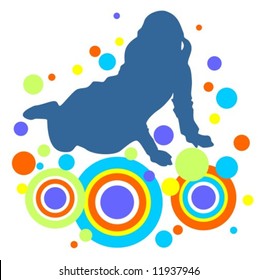 Dark silhouette of the sitting girl and abstract pattern on a white background.