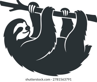 A dark silhouette of a sloth with its claws gripping a branch, depicted in a simple, graphic style.