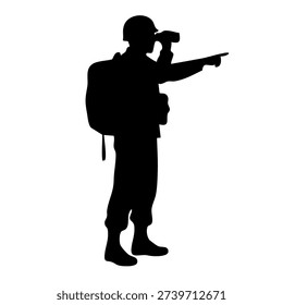 dark silhouette of soldier with backpack using binoculars for military scouting mission