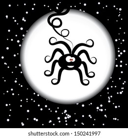 dark silhouette of the spider on the moon background. Vector symbol by Halloween