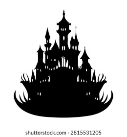 Dark silhouette of a spooky castle with multiple spires and turrets, set against a plain white background, evoking a mysterious and eerie atmosphere.