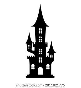 A dark silhouette of a spooky castle with tall spires and illuminated windows, evoking a mysterious and eerie atmosphere.