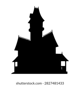 Dark silhouette of a spooky castle with tall spires and turrets, set against a plain white background, evoking a mysterious and eerie atmosphere.