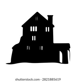 Dark silhouette of a spooky house with multiple stories and windows, evoking a mysterious and eerie atmosphere suitable for Halloween themes.