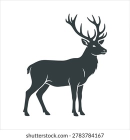 A dark silhouette of a stag with large antlers stands facing right, showcasing its elegant form.