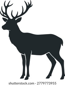 A dark silhouette of a stag, showcasing its impressive antlers and graceful form against a white background.