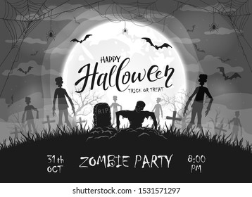 Dark silhouette sticks out of ground in cemetery. Black Halloween night background with zombies, bats and spider. Illustration can be used for children's holiday design, cards, invitations and banners