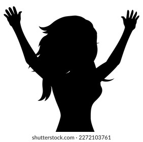 Dark silhouette of tousled woman with raised hands, over white background.
