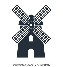 Dark silhouette of a traditional windmill with four blades and a small window on a white background, symbolizing renewable energy and countryside scenery for various design uses.