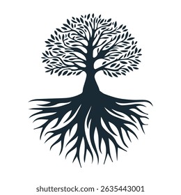 Dark silhouette of tree with deep spreading roots and full leafy crown nature symbol illustration