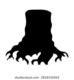 A dark silhouette of a tree with twisted roots and gnarled branches, set against a plain white background, emphasizing its mysterious and eerie appearance.