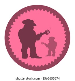 Dark silhouette of two guitarists in a cowboy hat. Purple background. Round vector illustration icon.
